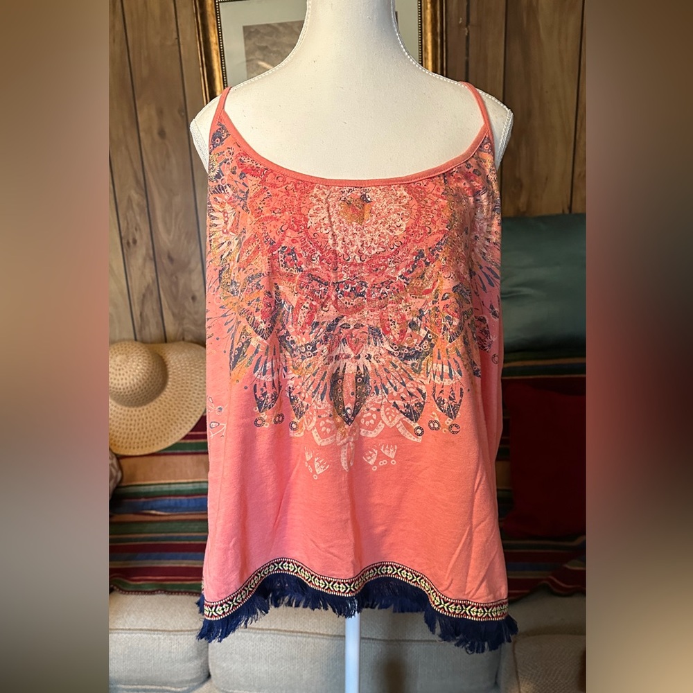 Maurices Coral Graphic Tank Top with Navy Blue Fringe